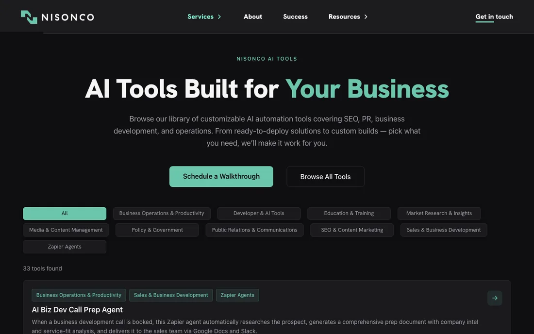 AI Tool Gallery homepage with a grid of NisonCo's live AI tools