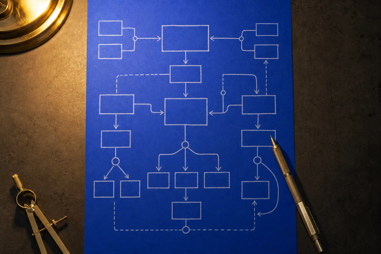 A cobalt sheet on a dark drafting table, filled with a white hand-drawn plan, compass and pencil at its edges