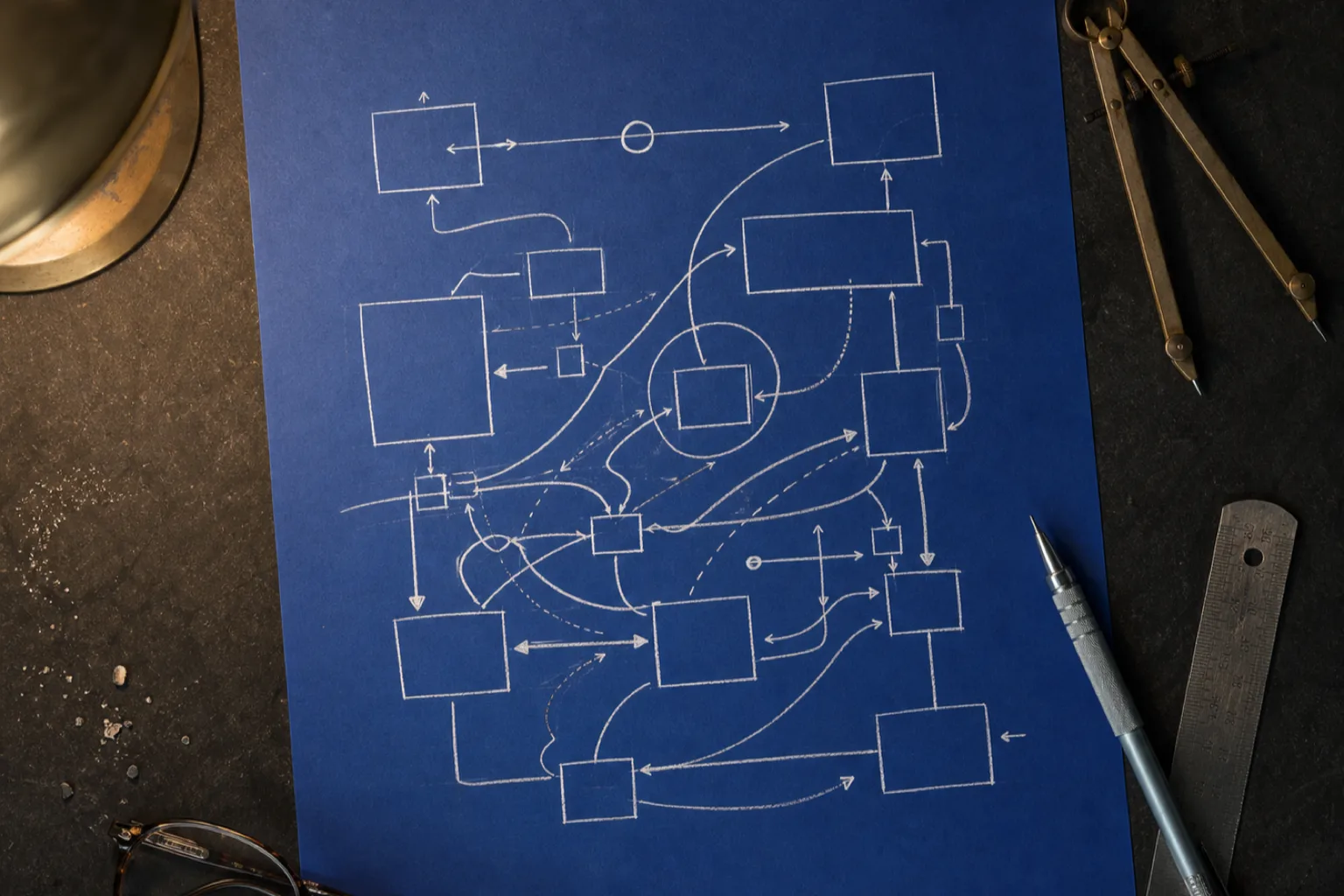Overhead view of a cobalt plan sheet with a white hand-drawn strategy diagram, a compass and ruler at its edges
