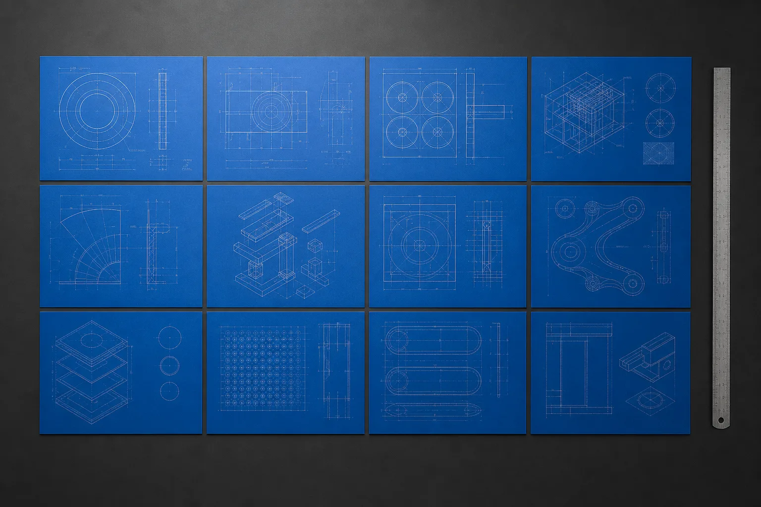 A dozen cobalt plan sheets with white diagrams arranged in a grid on a dark table