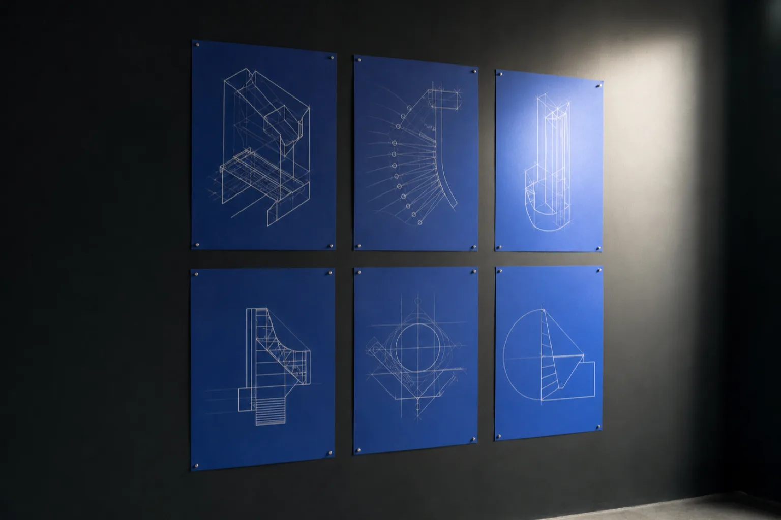 Six cobalt plan sheets pinned in a precise grid on a modern dark wall