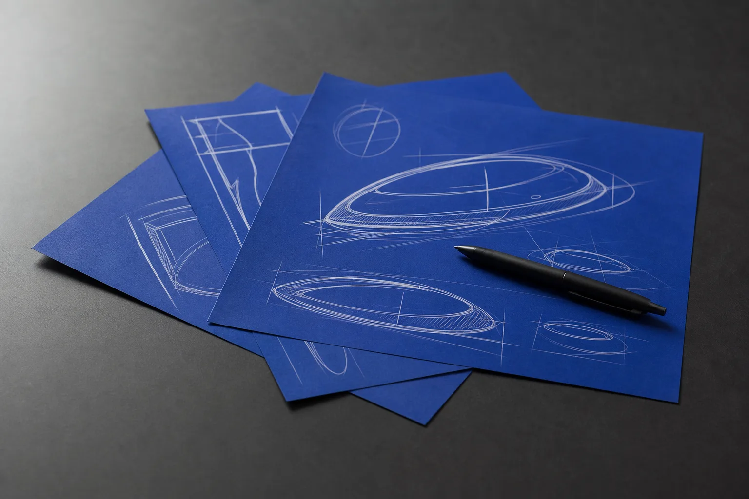Three cobalt plan sheets with white diagrams overlapping on a dark table, a black pen resting on top