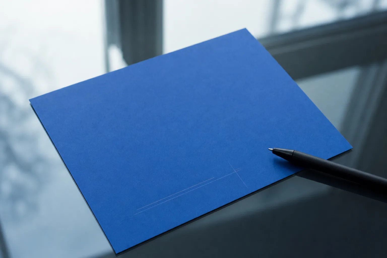 A nearly blank cobalt sheet with the first faint construction lines, a black pen at its edge, morning light on dark glass