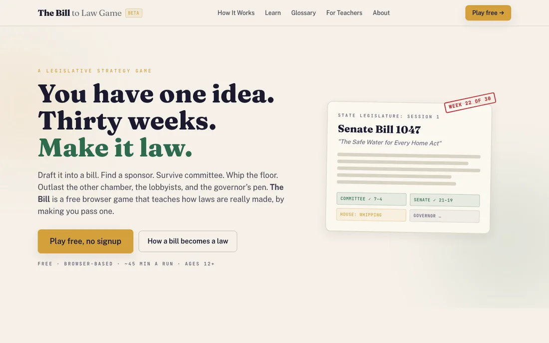 Bill to Law Game homepage with the interactive legislative game
