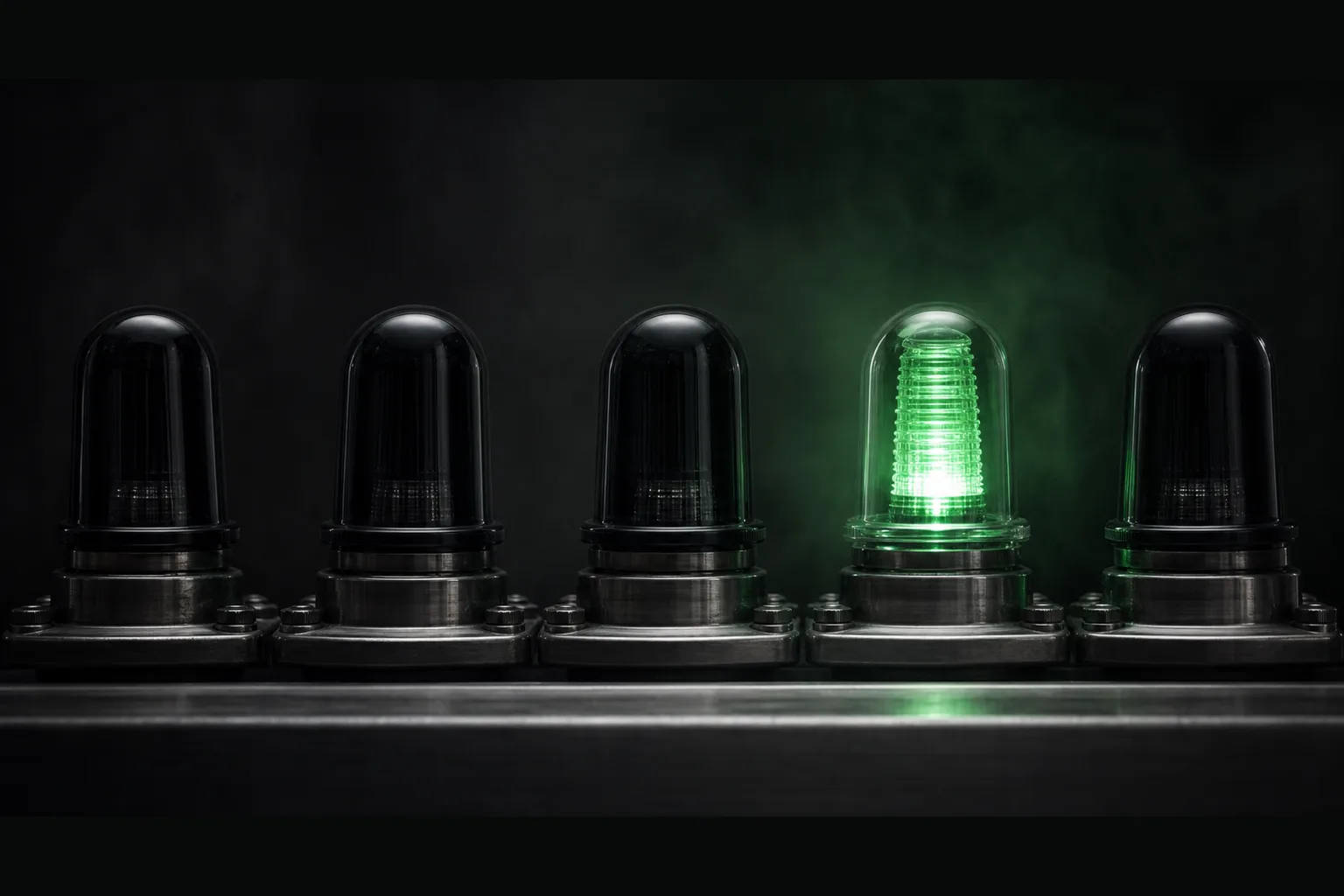 A row of large machined channel beacons on a steel rail, all dark except one glowing emerald