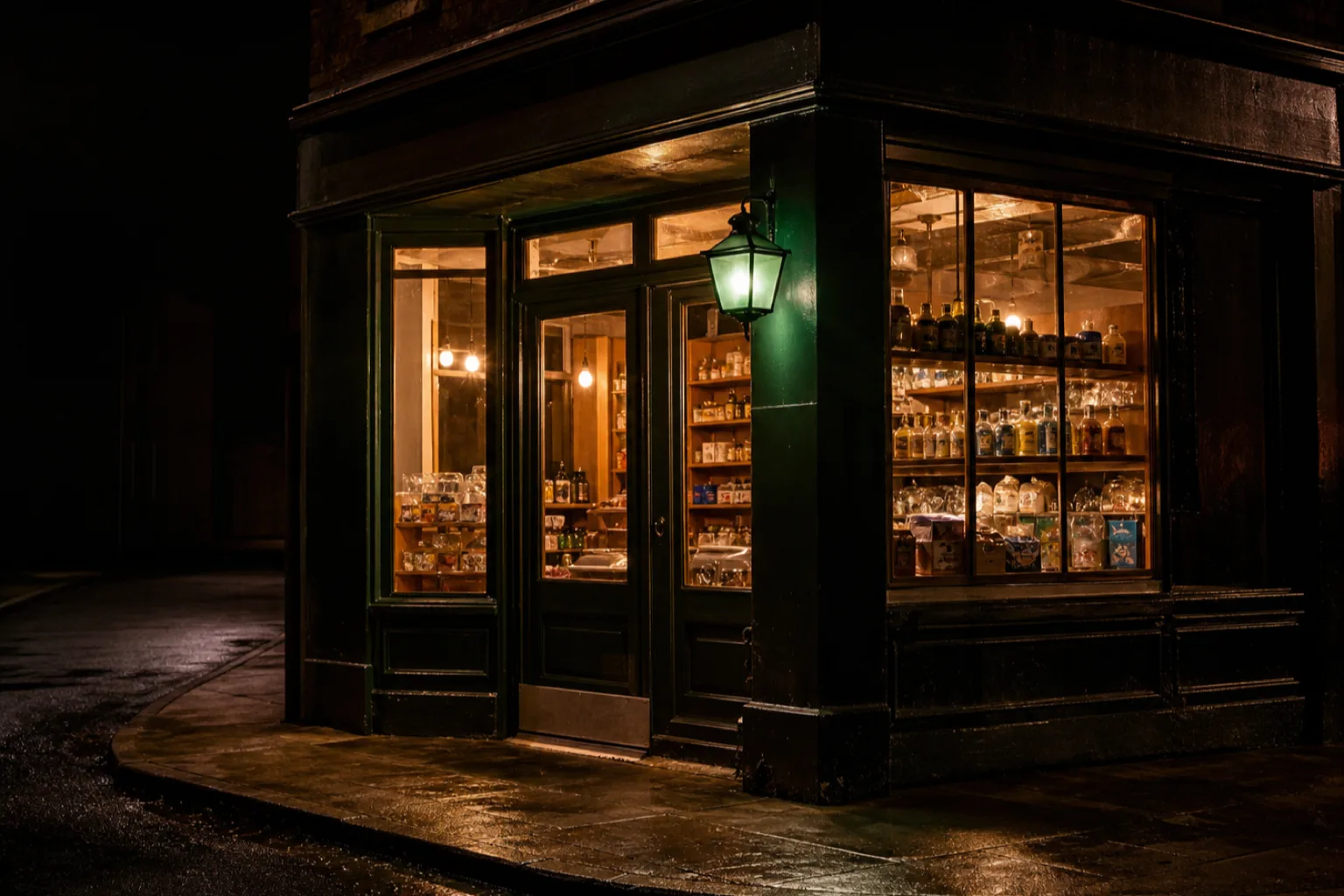A small corner shop glowing warm at night on a dark wet street, a green lantern above the door