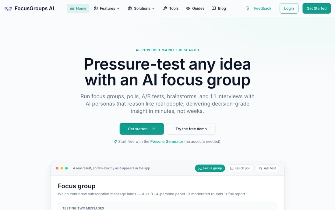 FocusGroups AI homepage with the simulated focus group product