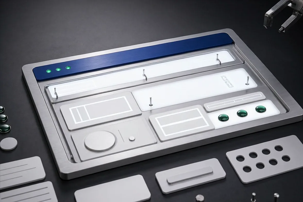 A browser interface built from brushed aluminum, white acrylic, and emerald glass, fully assembled and lit