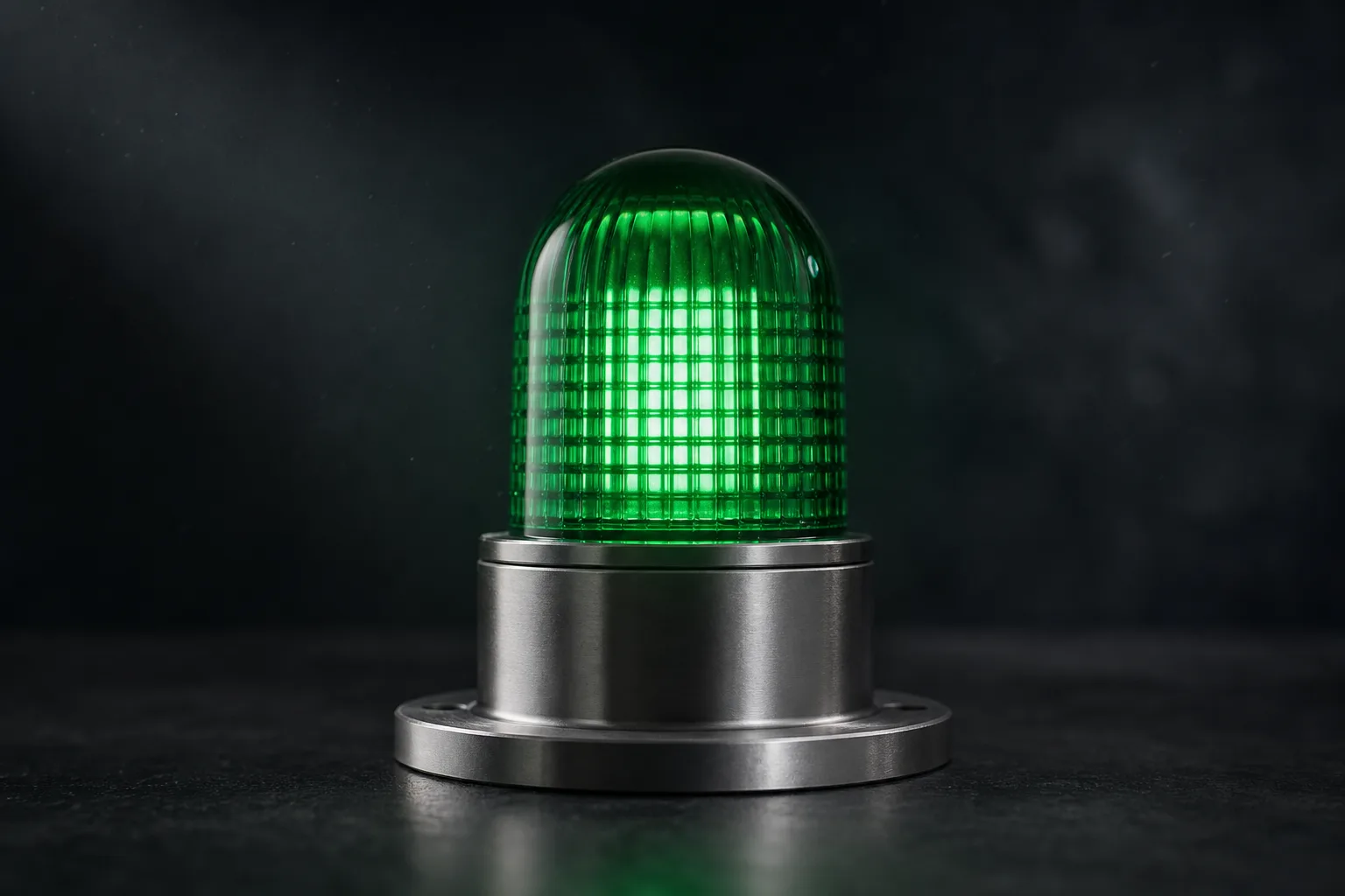 An emerald glass beacon lamp on a machined steel base, lit against dark charcoal