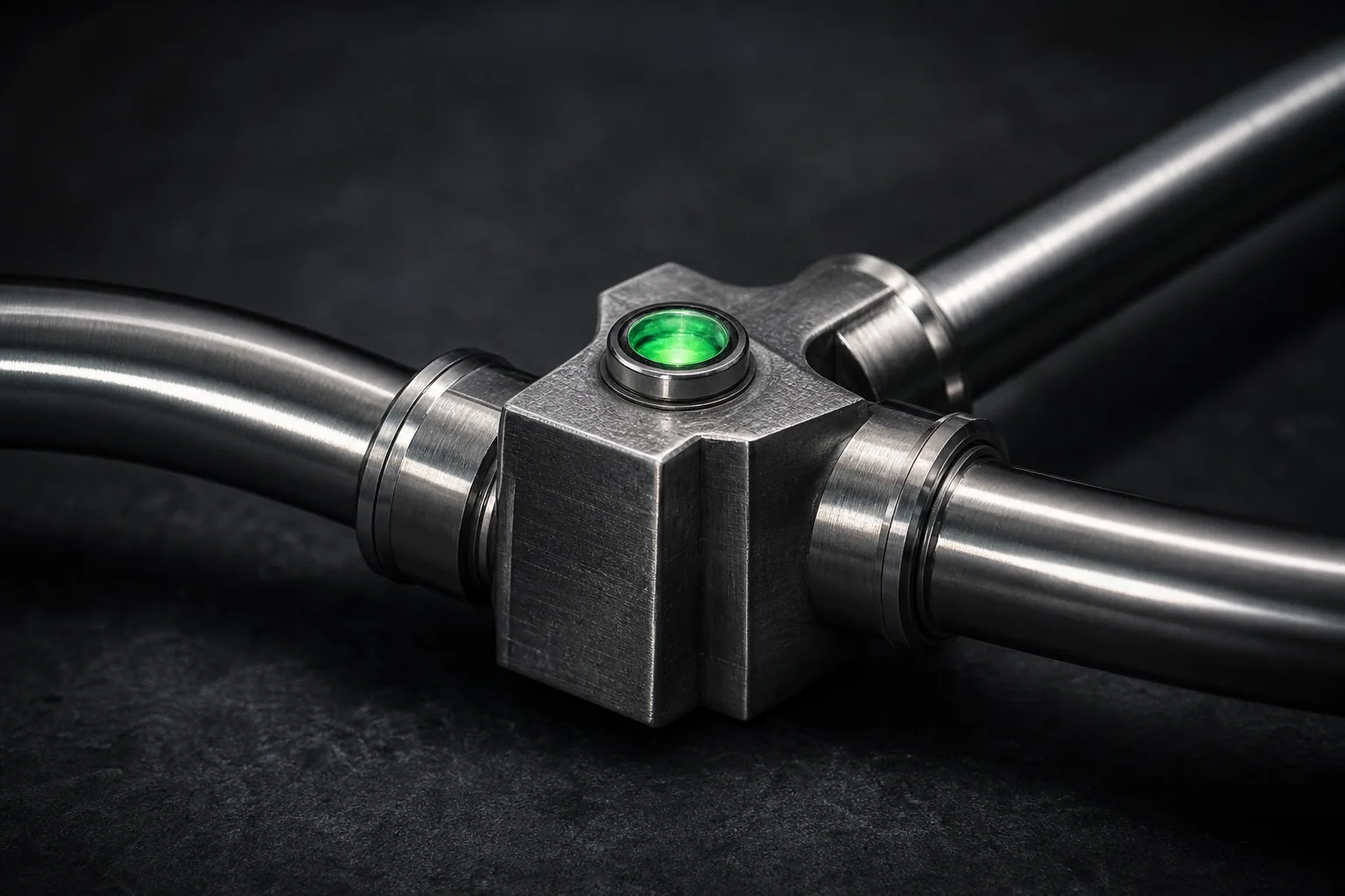 Brushed steel pipes converging into one machined junction with an emerald indicator
