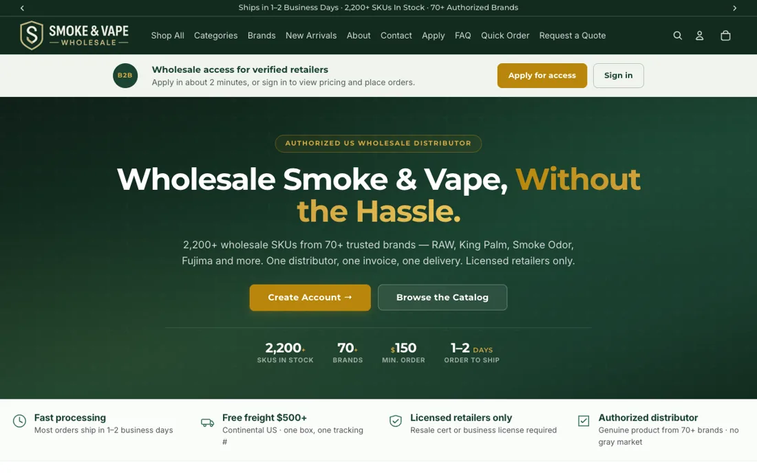 Smoke and Vape Wholesale Shopify storefront homepage